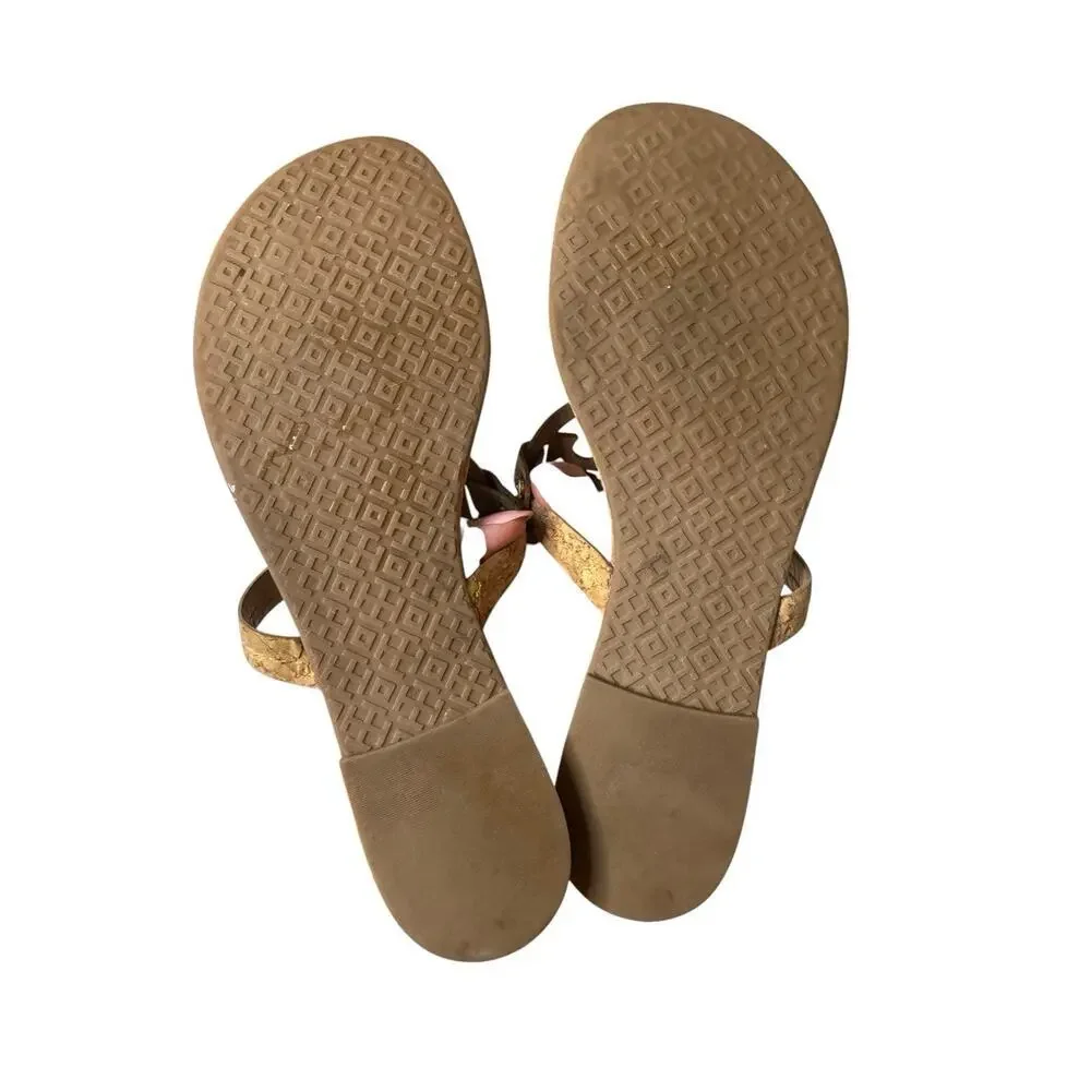 Tory Burch Miller Cork Neutral Thong Sandals Classic Logo Size US 8 Gold Flecks